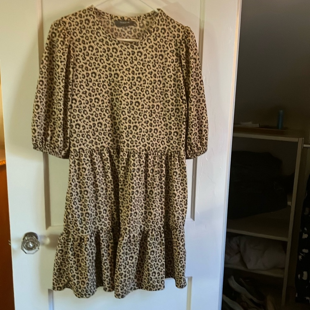 Primark tiered leopard mini dress with puffed sleeves size 10